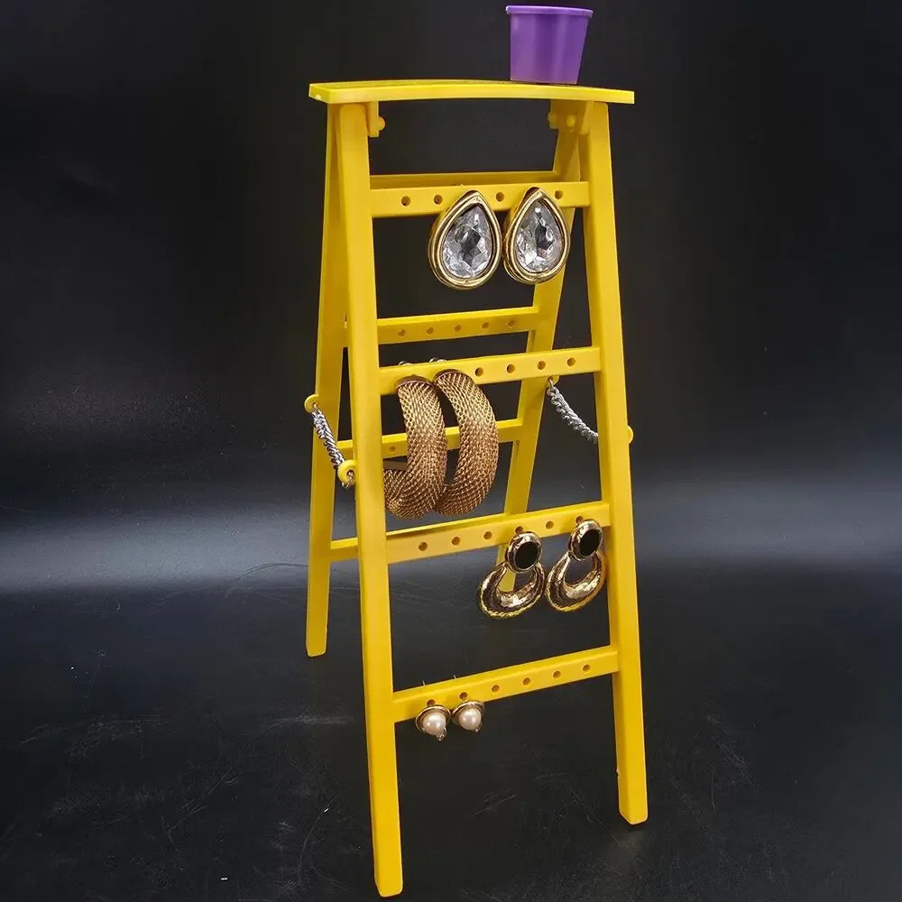 Vintage Yellow Ladder Earring Rack Tree with Paint Bucket Plastic 1980s